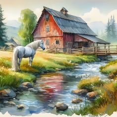 a painting of a white horse standing in front of a barn by a stream with rocks and grass