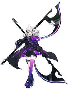 an anime character holding two large swords and wearing black clothing with purple hair, standing in front of a white background