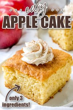 a close up of a piece of cake on a plate with an apple in the background