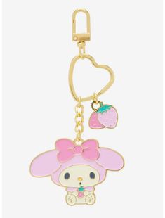 a hello kitty keychain with a strawberry on the front and a pink bow at the back