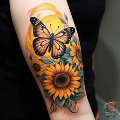 a sunflower and butterfly tattoo on the arm