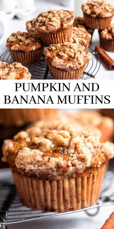 pumpkin and banana muffins on a cooling rack with cinnamon sticks in the background