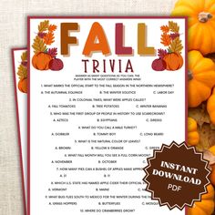 a fall trivia with pumpkins and gourds on it, surrounded by other items