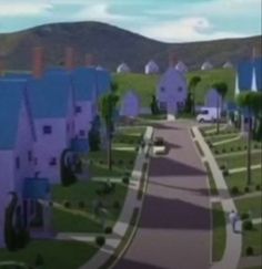 an animated image of a street with houses on the sides and trees in the middle