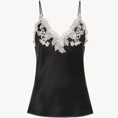 La Perla Maison Satin Camisole With Embroidered Lace, Black / Ivory, Sz L, New W/Tags The Most Luxurious Piece In The La Perla Maison Collection Features Hand Embroidered Motifs On A Tulle Background In The Same Color As The Silk, Hand Finished With A Double-Frastaglio Technique. La Perla "Maison" Silk Satin Camisole Top Detailed With Frastaglio Lace Of Swirling Flowers Embroidered By Hand At The Front And Back Necklines. The Hand-Placed Ivory Frastaglio Elegantly Frames The Neckline And Descend Black Silk Camisole, Luxury Nightwear, Luxury Sleepwear, Embroidered Motifs, Satin Camisole, Black Camisole, Silk Camisole, Silk Slip Dress, Silk Slip