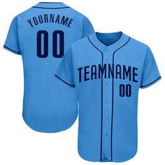 a blue baseball jersey with the name and number on it, that reads teamname 00