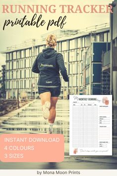 the running tracker printable pad is shown with an image of a woman running down stairs