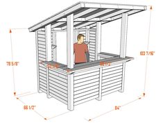 a drawing of a man standing at the top of a building with measurements for it