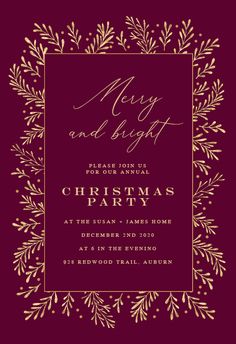 a red and gold christmas party card with the words merry and bright written on it