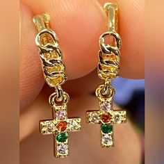 Cross Small Earrings With Colorful Rhinestonesgold Plated Material Multicolor Dangle Gold Plated Earrings, Gold Crystal Earrings With Rhinestones, Gold Jeweled Crystal Earrings With Cubic Zirconia, Hamsa Earrings, Apple Earrings, Malachite Earrings, Minimalist Earrings Studs, Tiny Hoop Earrings, Minimalist Studs