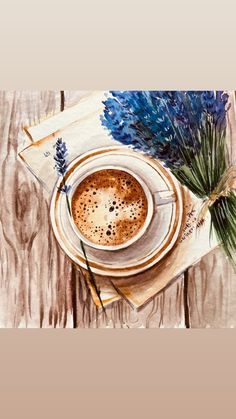 a painting of a cup of coffee on top of a napkin and some blue flowers