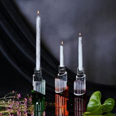 three candles are sitting next to each other in front of some flowers and greenery