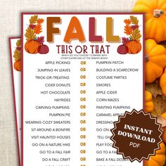 a fall checklist with pumpkins and gourds on it, next to a pile of leaves