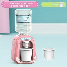 a pink water dispenser sitting on top of a table next to a cup