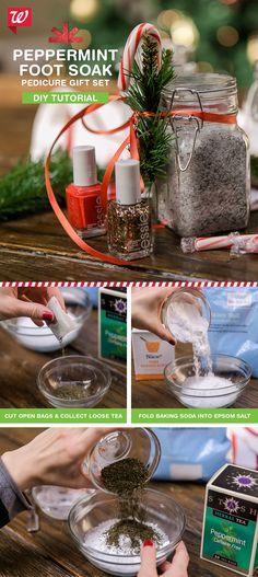 the instructions to make peppermint tea in a jar for holiday gifts are shown