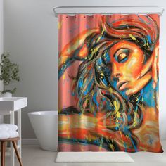 a shower curtain with a painting of a woman's face on the front and side