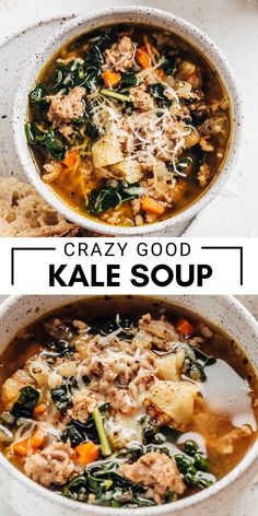 two bowls filled with soup next to each other and the words crazy good kale soup