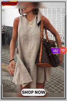 Casual Solid Sleeveless Holiday Daily Fashion Mini Dresses P109999 Shift Dress Casual, Dresses Fall, Fall Mini, Mini Dress Fashion, Linen Mini Dress, Mini Robes, Dresses Dresses, Khaki Dress, Cute Style