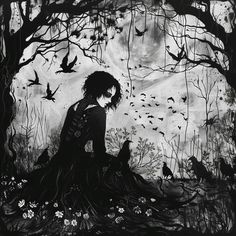 a black and white drawing of a woman sitting under a tree with birds flying around her