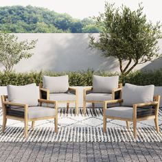 a group of chairs sitting on top of a stone floor next to a tree and bushes