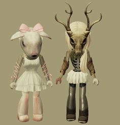 an animal dressed up as a girl and a deer wearing boots with bows on their heads