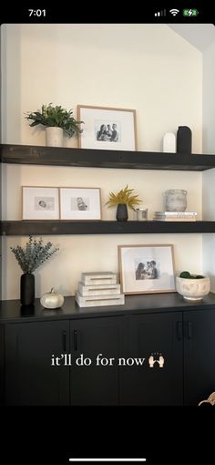 a shelf with pictures and plants on it that says, i'll do for now