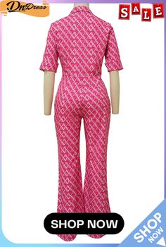 Blue Fashion Casual Print Patchwork Buckle Turndown Collar Straight Jumpsuits(without Belt) Striped Print Dresses, Style Bleu, Mode Rose, Skirt Crop, Crop Top Skirt, Turndown Collar, Polo Neck, Vintage Polo, Straight Pants