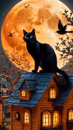 a black cat sitting on top of a wooden house in front of a full moon