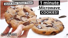 an advertisement with two chocolate chip cookies in front of each other and the caption reads, quick after school treat 1 minute microwave cookie