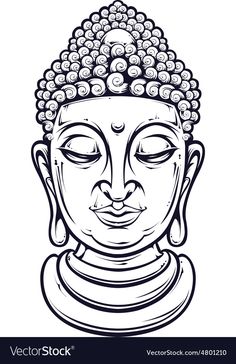 buddha head with eyes closed in black and white colors on the image is drawn by hand