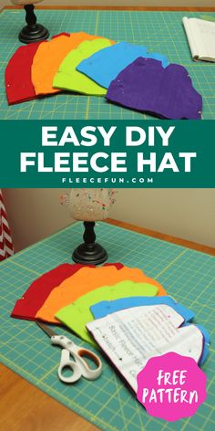 an easy diy fleece hat is shown with scissors and papers on the table