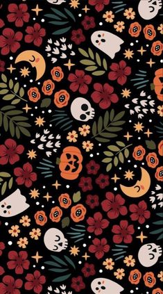 a black background with skulls and flowers