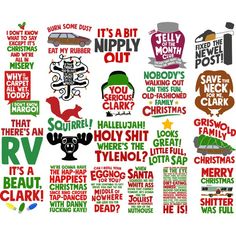 an assortment of typogramic designs for the holiday season, including santa's helpers and elfs