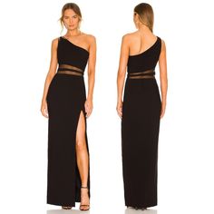 The Revolve Likely Nolita Maxi Gown In Black Features A Sleek One-Shoulder Design With Elegant Mesh Detailing For A Modern Touch. Its Side Slit Adds A Bold, Sophisticated Element, Making This Gown Perfect For Formal Events Or Evening Occasions. Features: Asymmetrical Neckline Partially Lined Colum Silhouette Maxi Length Sleeveless Hidden Side Zipper Closure Msrp: $378 Condition: New With Tags. Cut Back Bottom Approximate Measurements: Pit To Pit: 15" Length: 62" Waist: 13" Tags. Happy Hour, Designer, Upscale, Luxury, Brunch, Dinner, Wedding, Special Occasion, Date Night, Dates, Trends, Classy, Elegant, Wedding Guest, Prom, Graduation, Party, Stylish, Trendy, Preppy, Holiday Party, Chris Luxury Brunch, Night Dates, Classy Elegant Wedding, Preppy Holiday, Gown One Shoulder, Dresses Revolve, Maxi Gown, Dinner Wedding, Black Features