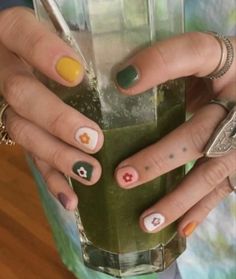 Short Nails Inspo 2023, Aesthetic Spring Nails Short, Green Nail Designs Natural Nails, March Toenails Ideas, Short Gel Nail Designs Funky, J Balvin Nails, Stubby Fingers With Nails, Trendy Natural Nails Short, Multi Colored Nails With Design