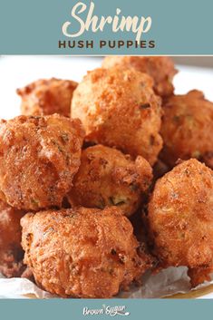 fried shrimp hush puppies on a plate with text overlay that reads shrimp hush puppies