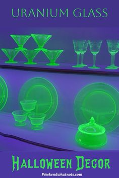 an image of glowing green glassware in the shape of halloween decorations on display with text overlay