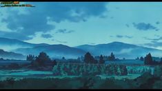 an animated scene with mountains in the background