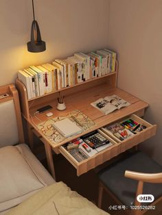 a wooden desk with books and magazines on it