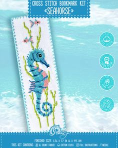 the cross stitch bookmark kit features an image of a blue seahorse on it