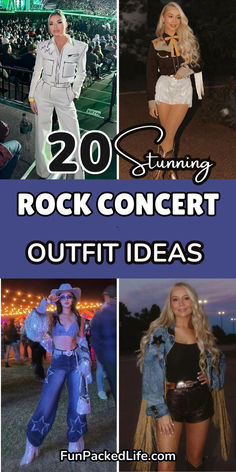 Image features four bold rock concert outfit ideas for women, showcasing edgy and glamorous styles. The text '20 Stunning Rock Concert Outfit Ideas' is displayed in bold colors. Outfits include a white jumpsuit with black accents, fringe denim jackets, sparkly tops with high-waisted jeans, and embellished shorts with Western-inspired tops. The background highlights vibrant concert scenes and outdoor festival vibes.