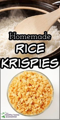 rice krispies in a bowl with a wooden spoon next to it and the words homemade rice krispies