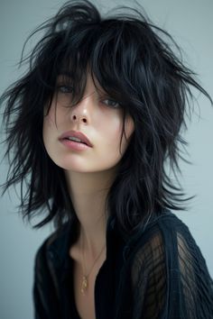 70+ Gorgeous Hair Color Trends For 2024 Blond Bangs Black Hair, Black Medium Hair, Rock Haircut, Messy Long Hair, Medium Length Hair Women, Black Hair Girl, Shag Hairstyle, Rock Hair, Medium Shag Hairstyles