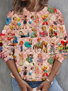 Vintage Children Long Sleeve Casual Top – Wonder closets Fun Long Sleeve Spring Tops, Fun Long Sleeve Printed Tops, Cute Multicolor Long Sleeve Blouse, Pink Long Sleeve Blouse With Graphic Print, Elegant Blouses, Sport Dress, Vintage Valentines, Top Gifts, Dark Fashion