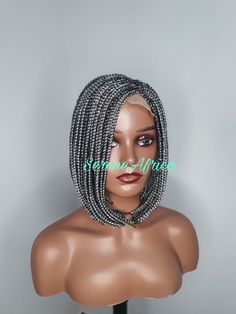 Bob Braid Wig, Salt and Pepper Braided Wig, Short Braided Wigs, Wigs For Black Women, Box Braid Wig, Short Bob Braid Wig NEED OTHER  STYLES OF BRAIDED WIGS, AUTOGELE HEADWRAPS AFRICAN CORAL BRIDAL BEADS, VISIT OUR SHOP HERE: https://sereneafrica.etsy.com/ We are committed to using quality and long-lasting materials. Every piece of our wig is unique. *Features*   * Box braids short bob wig is made on 4x2 Lace closure  *Suitable for all occasions.    *It gives you a natural look which makes it dif Cornrow Bob Braids Hairstyles, Short Braided Wigs, Short Bob Braids, Box Braids Bob, Braids Short, Bob Braids Hairstyles, Braid Wig, Bob Braids, Box Braid Wig