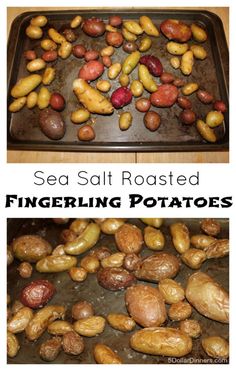 sea salt roasted fingerling potatoes on a baking sheet and in a roasting pan