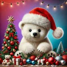 a white teddy bear wearing a santa hat and surrounded by christmas balls, ornaments and decorations