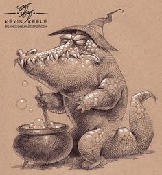 a drawing of an alligator with a hat on its head and holding a pot full of bubbles