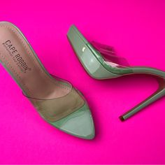 Brand New! Any Questions Please Let Us Know. Thank You! Green 4-inch Heels For Night Out, Green Closed Toe Heels With Contrasting Heel Counter, Green Heels With Contrasting Heel Counter For Party, Chic Green Heels With Contrasting Heel Counter, Chic Green Heels With Sculpted Heel, Trendy Green Heels With Branded Heel Counter, Trendy Green Heels With Reinforced Heel, Green High Heels With Sculpted Heel, Trendy Green Heels With Wrapped Heel