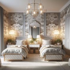 two beds in a bedroom with wallpaper and chandelier